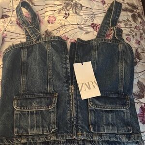 Zara Blue Denim Crop Top with Pockets